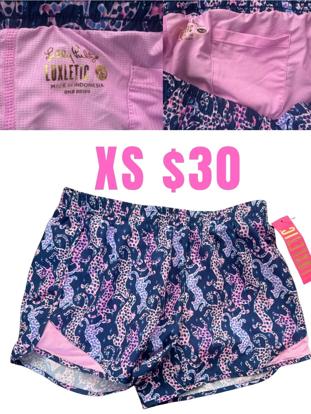 Lilly Pulitzer Navy with Pink Seahorse Luxletic Athletic Shorts